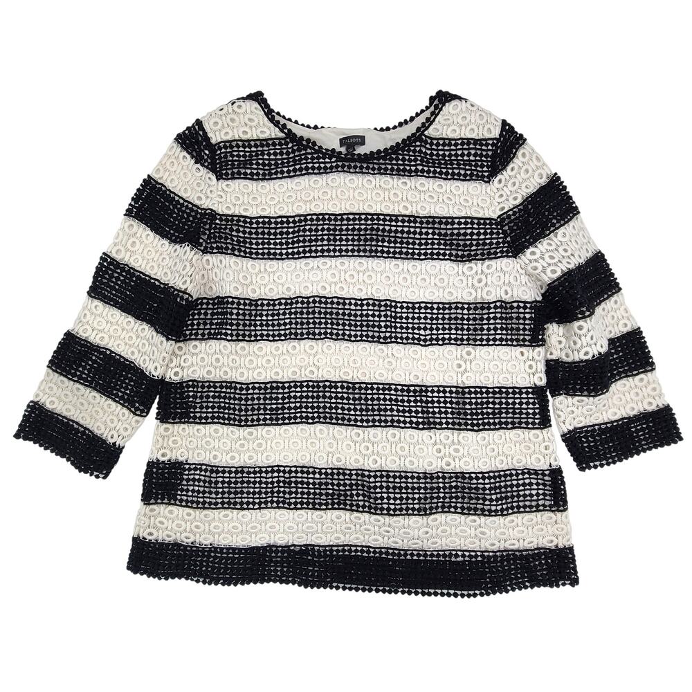 Talbots Lace Blouse Large Black White Striped Crochet 3/4 Sleeve Classic Elegant